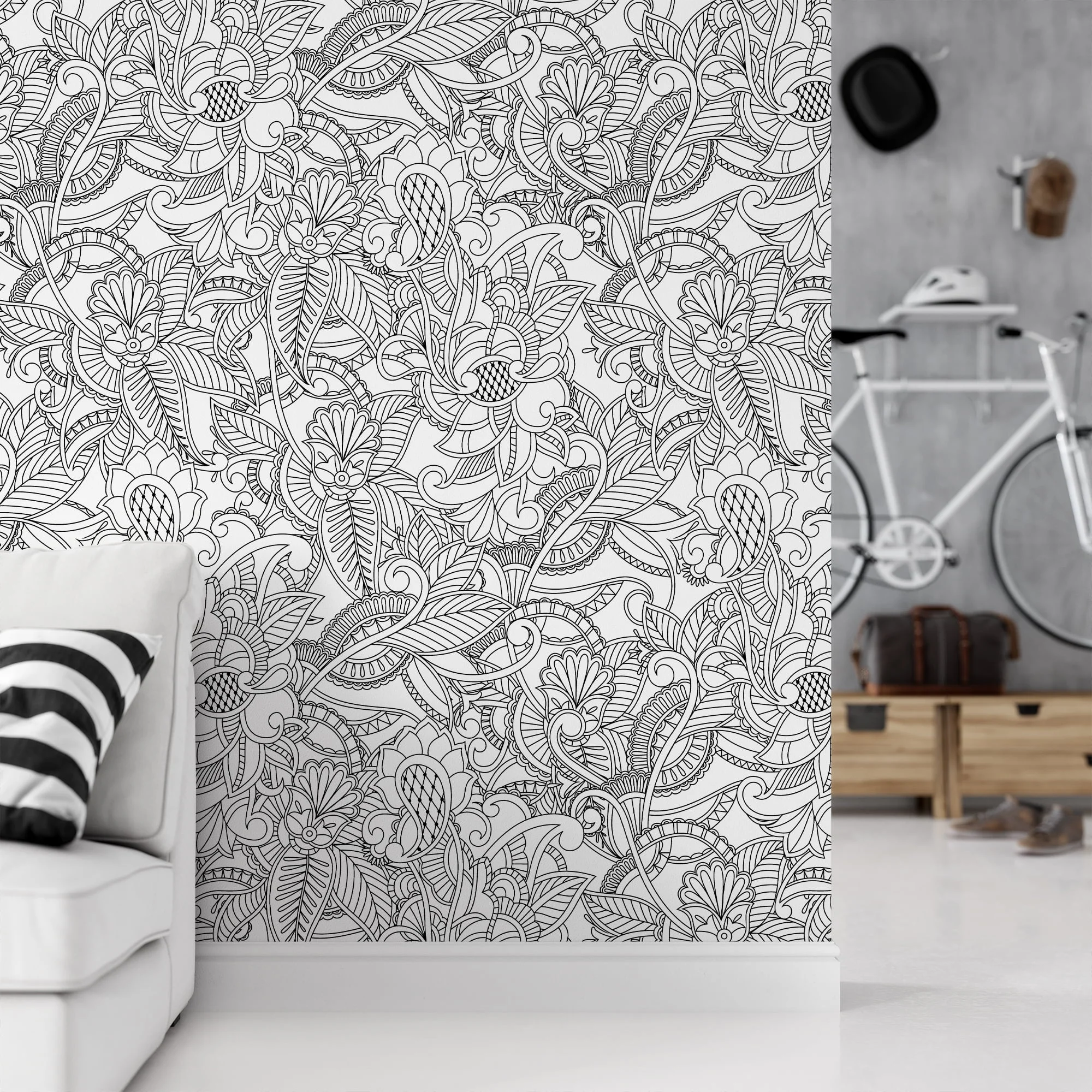 Black And White Paisley Line Art Wallpaper, Monochrome Botanical Peel & Stick Wall Mural
