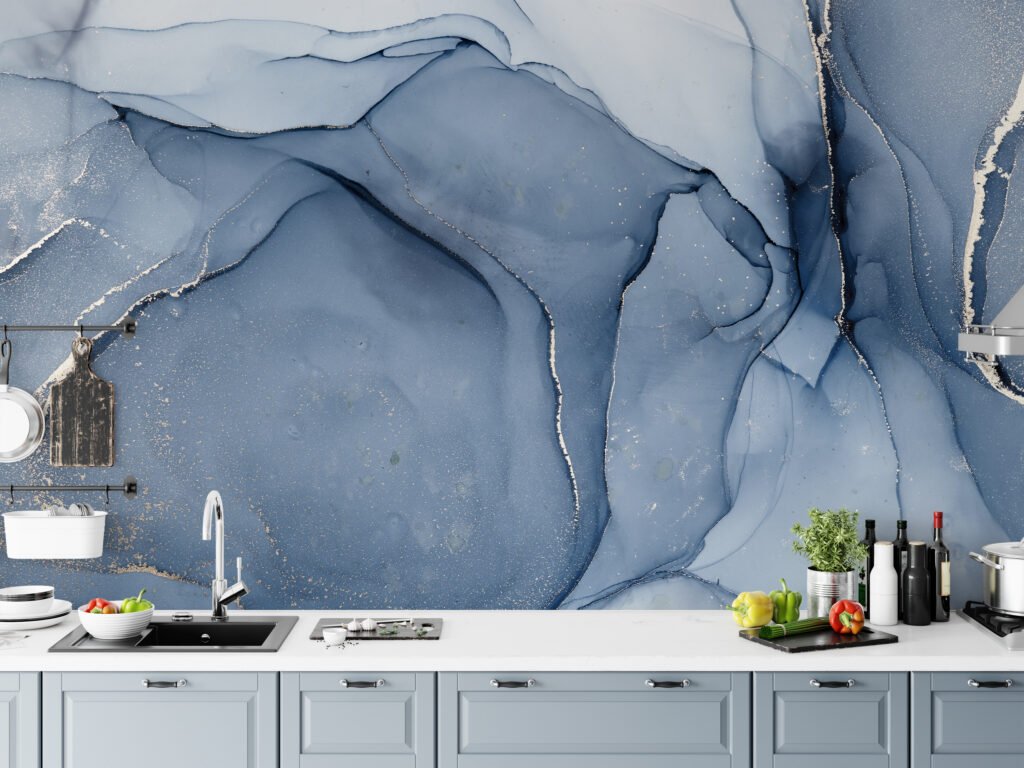 Cool Blue Colored Marble Ink Art Wallpaper, Serene Blue Peel & Stick Wall Mural