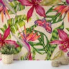 Tropical Colorful Floral Illustration With Butterflies Wallpaper, Exotic Botanical Peel & Stick Wall Mural