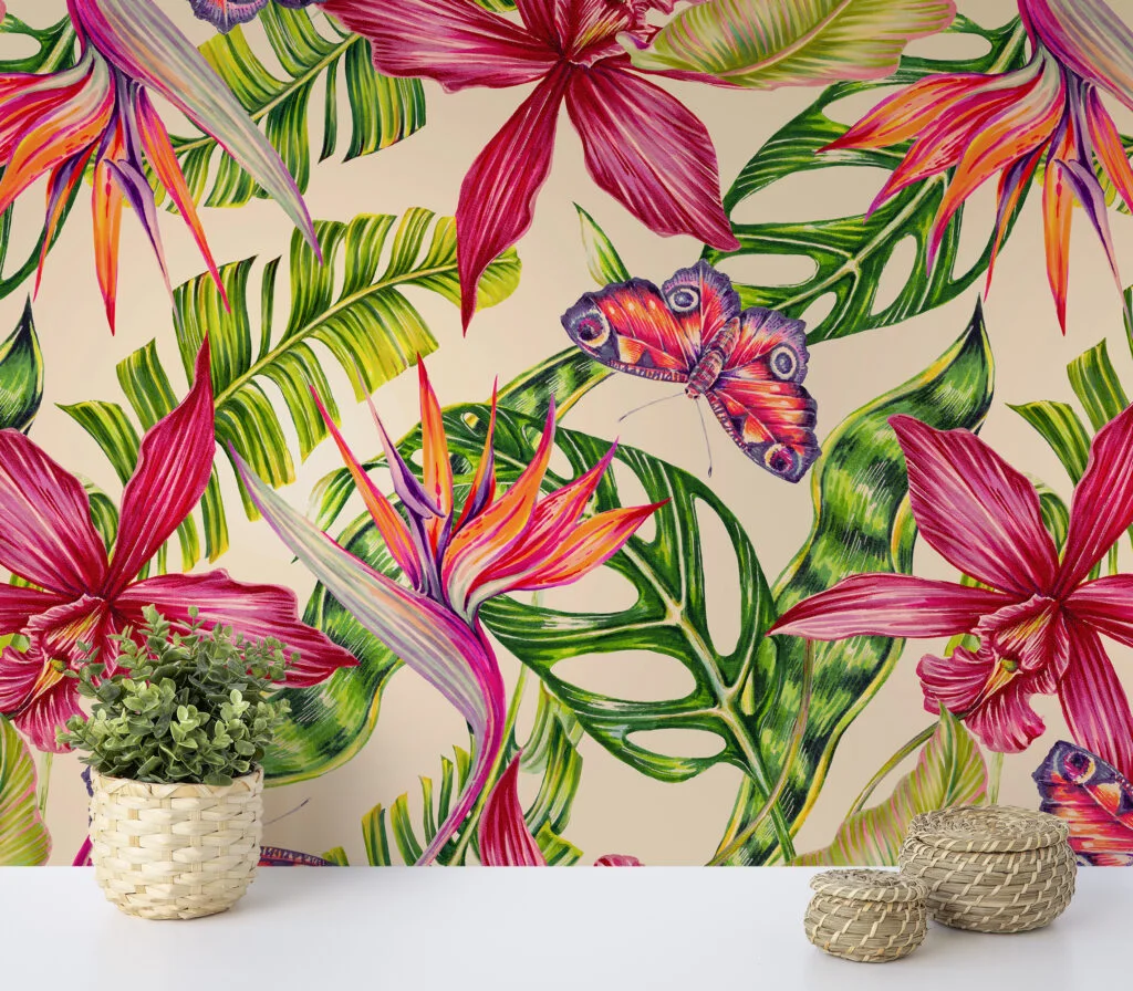 Tropical Colorful Floral Illustration With Butterflies Wallpaper, Exotic Botanical Peel & Stick Wall Mural