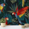 Flat Art Parrots In A Dark Jungle Illustration Wallpaper, Vibrant Parrot Haven Peel & Stick Wall Mural