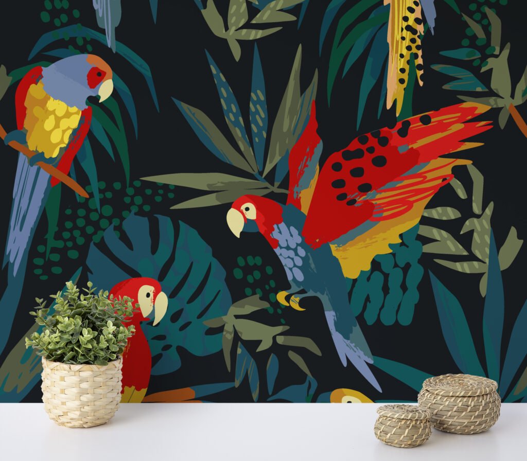 Flat Art Parrots In A Dark Jungle Illustration Wallpaper, Vibrant Parrot Haven Peel & Stick Wall Mural