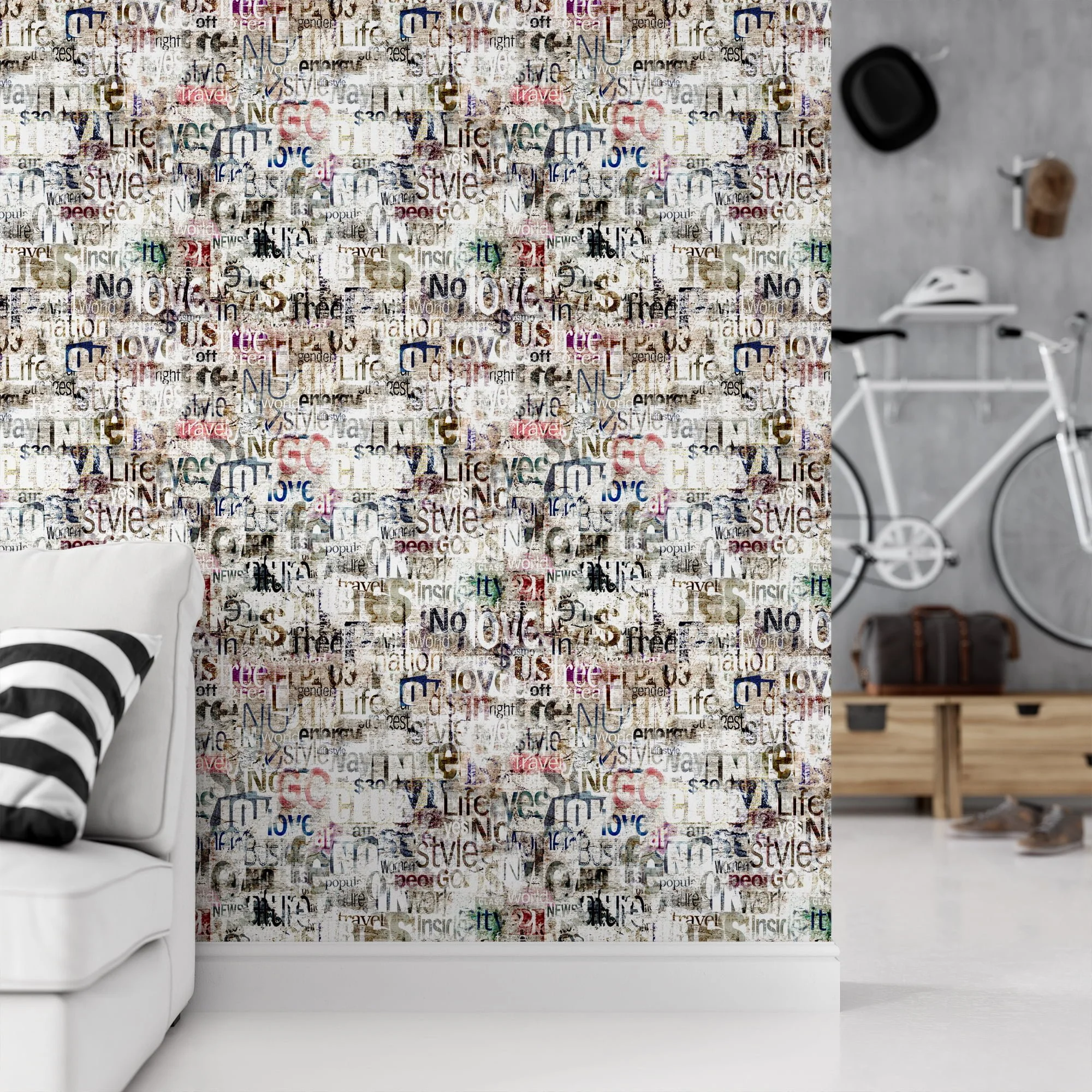 Modern Abstract Typography Wallpaper, Rusty Grunge Words Illustration Peel & Stick Wall Mural