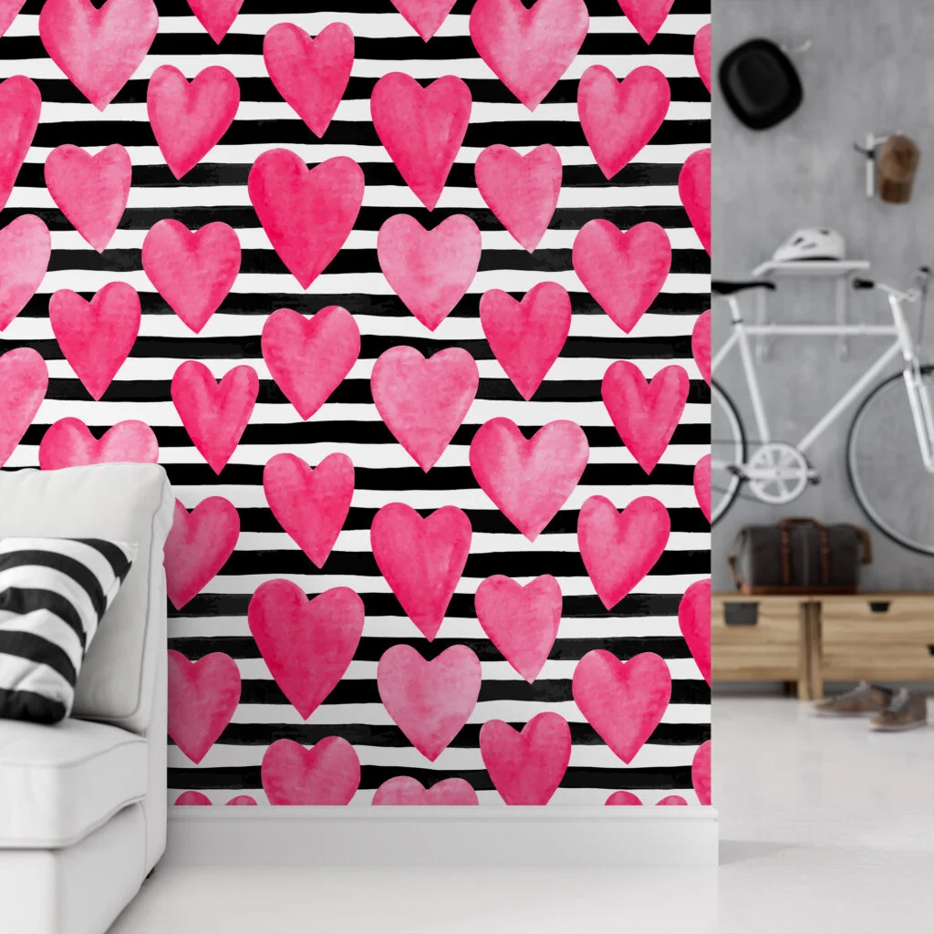 Watercolor Style Pink Hearts With Striped Background Wallpaper, Love Stripes Peel & Stick Wall Mural