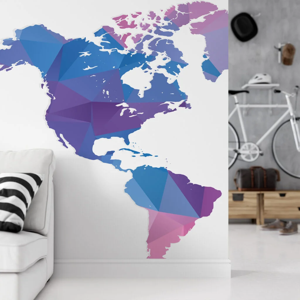 Pink Blue Purple Colored Geometric Shaped World Map Illustration Wallpaper, Modern Abstract Map Peel & Stick Wall Mural