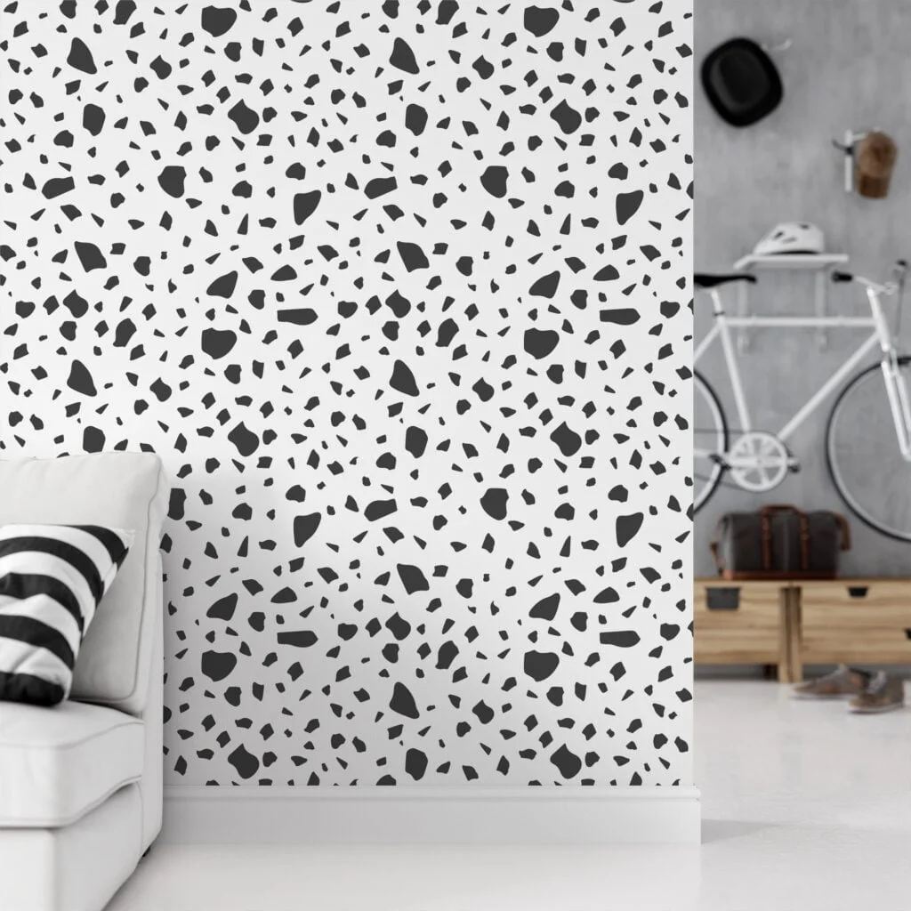 Dark Grey Block Pattern Illustration, Minimalist Terrazzo Black & White Peel & Stick Wall Mural