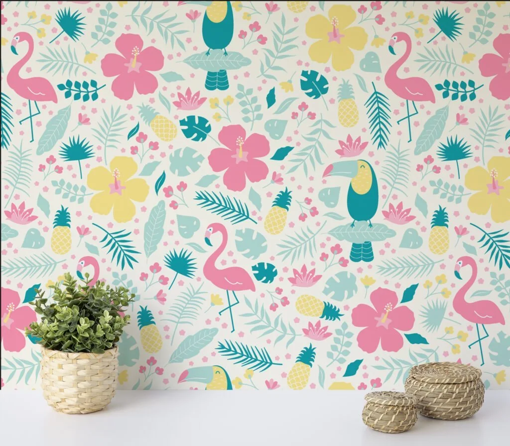 Happy Floral Flat Illustration With Toucans And Flamingos Wallpaper, Cheerful Nursery Deco Peel & Stick Wall Mural