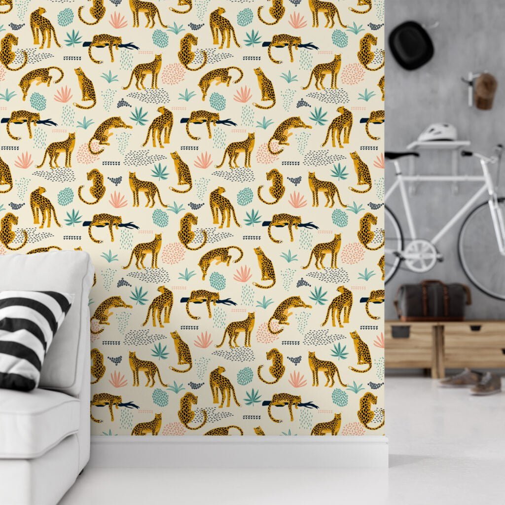 Abstract Leopards And Tropical Leaves Flat Art Design Wallpaper, Playful Leopards Peel & Stick Wall Mural