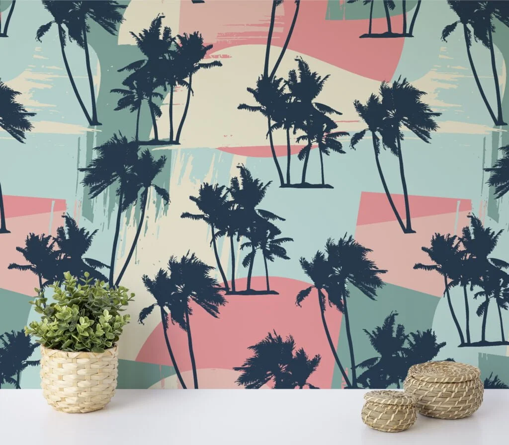 Abstract Retro Colored Tropical Illustration Wallpaper, Tropical Palm Silhouette Peel & Stick Wall Mural