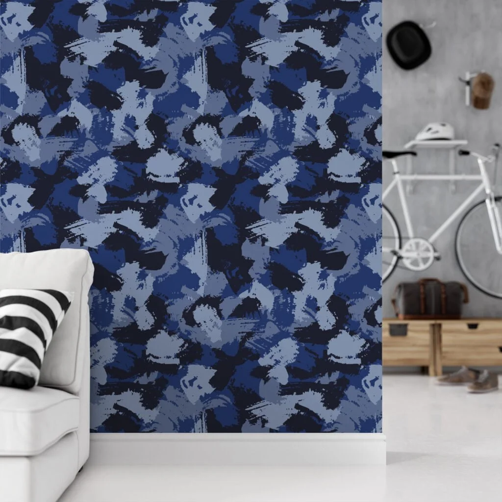 Blue Shades Camouflage Brush Strokes Illustration Wallpaper, Abstract Navy Blue Peel & Stick Wall Mural