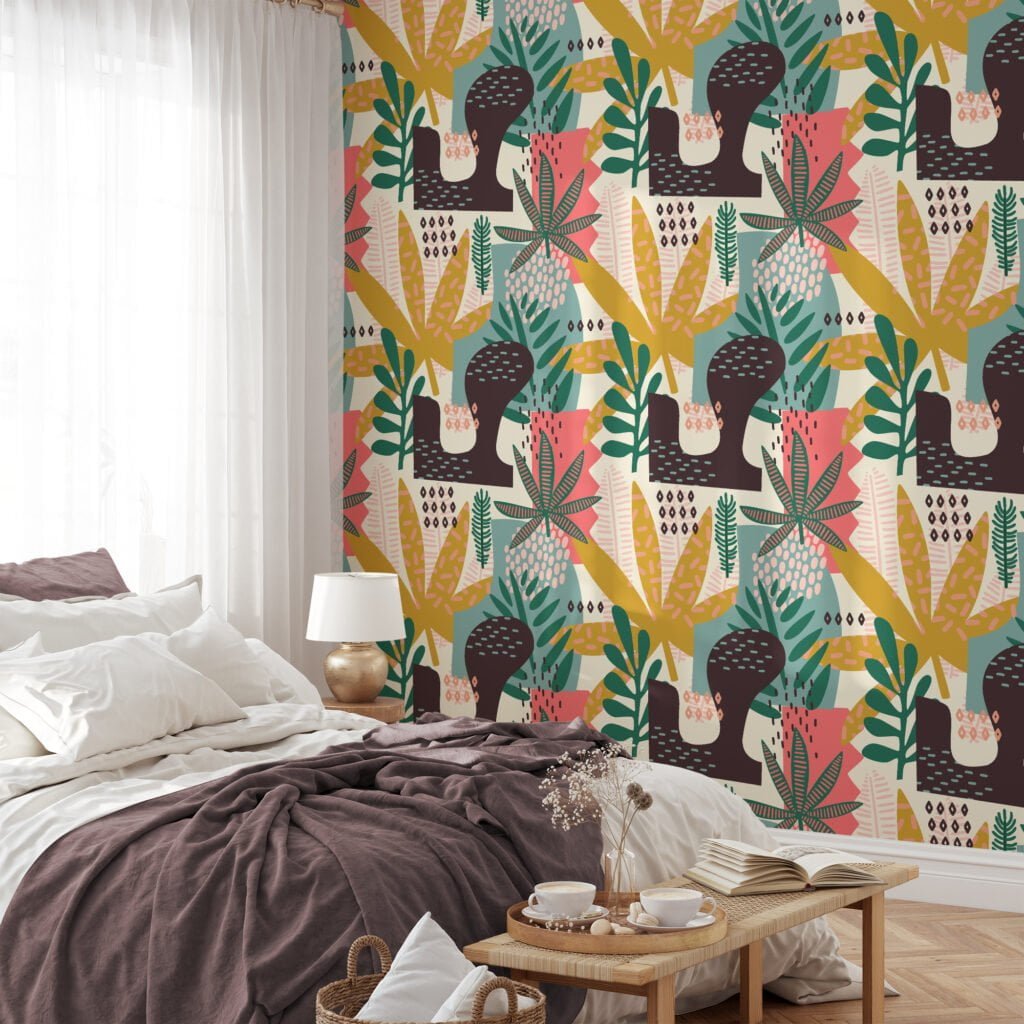 Abstract Tropical Leaves And Shapes Flat Art Design Wallpaper, Jungle Motif Design Peel & Stick Wall Mural