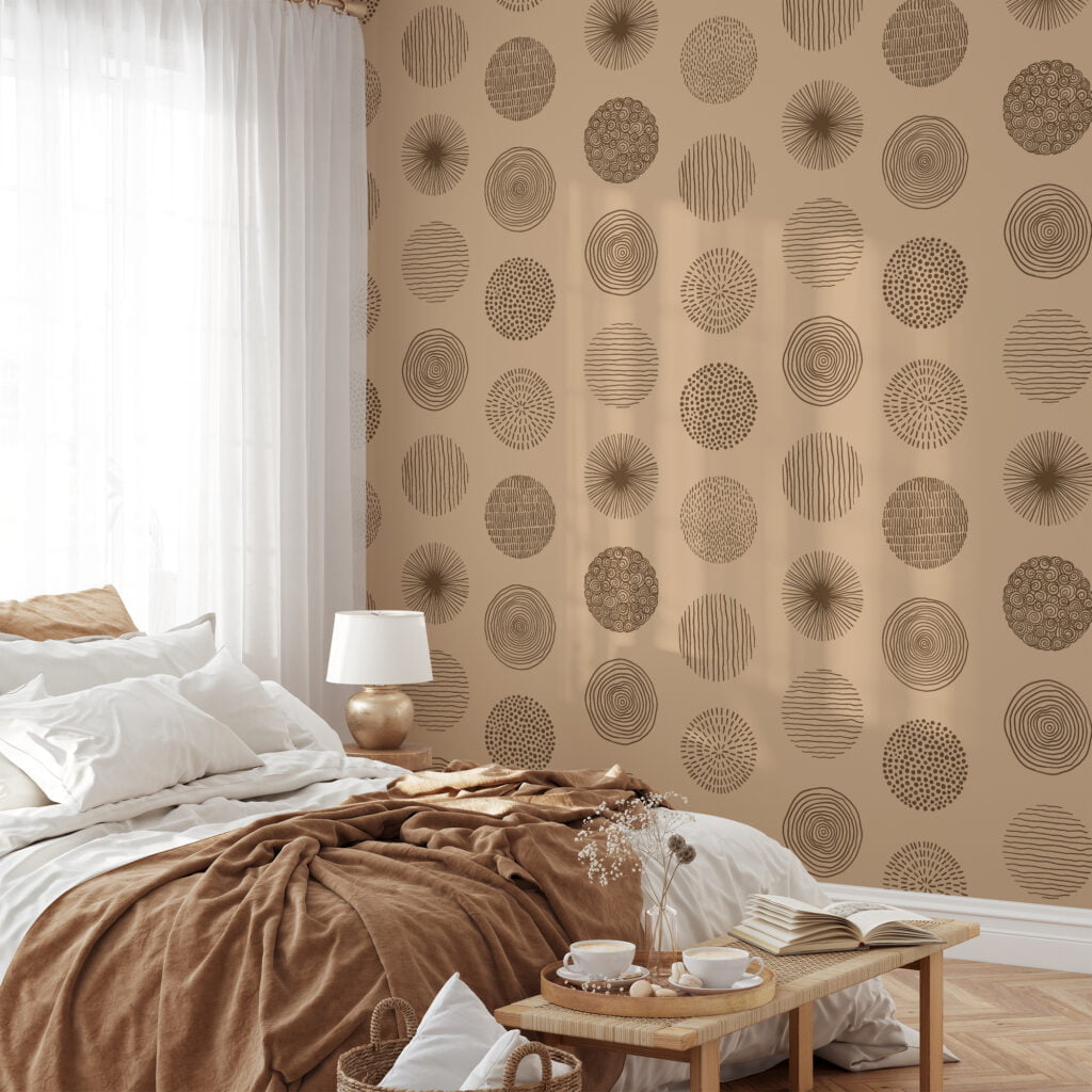 Brown Circles Pattern Illustration Wallpaper, Earthy Tones Abstract Circles Peel & Stick Wall Mural