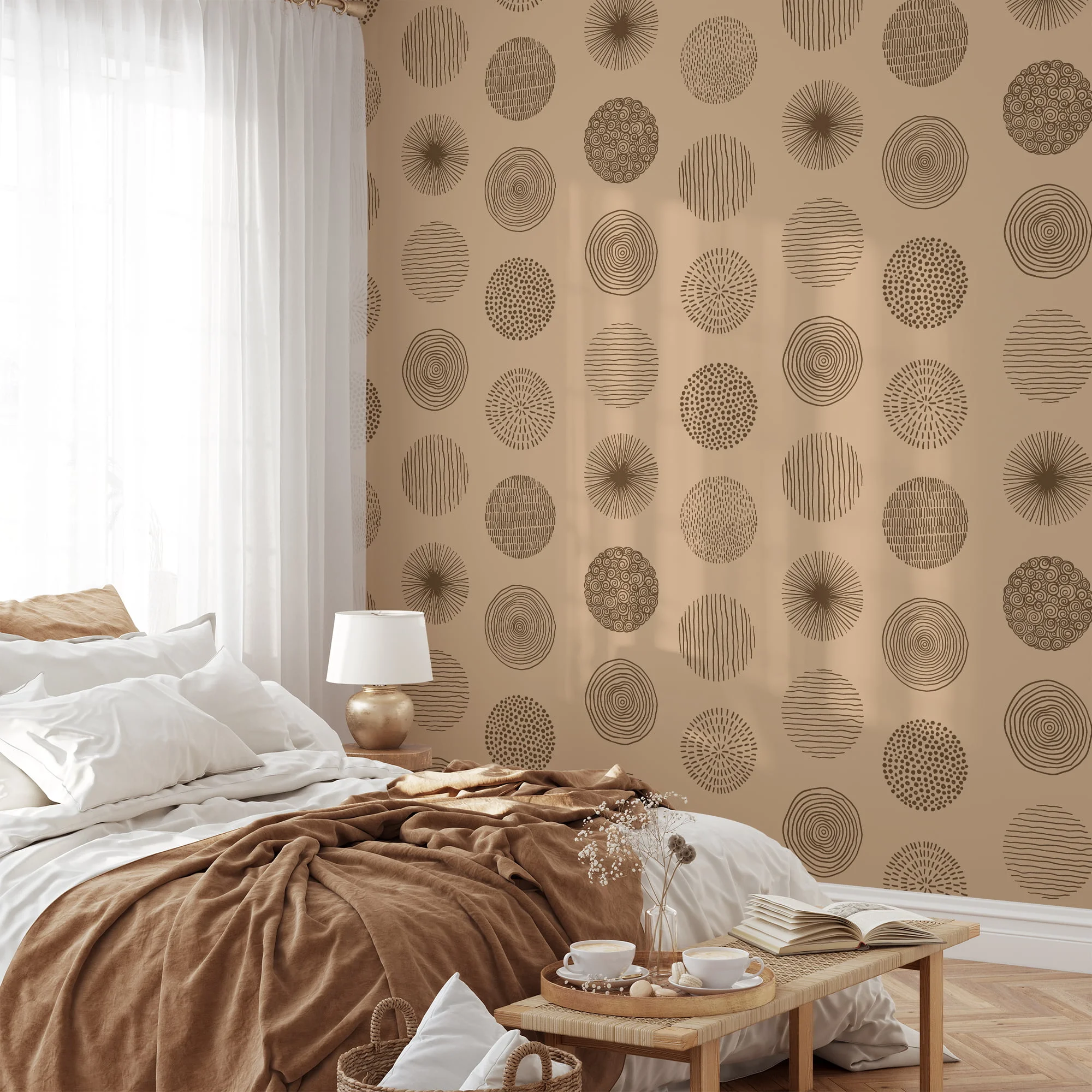 Brown Circles Pattern Illustration Wallpaper, Earthy Tones Abstract Circles Peel & Stick Wall Mural