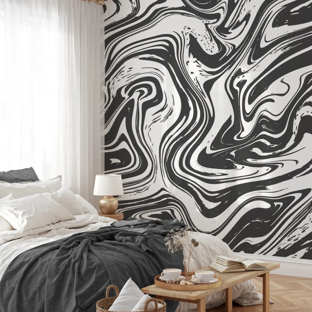 Dark Grey And White Swirl Design Wallpaper, Monochrome Marble Swirl Peel & Stick Wall Mural