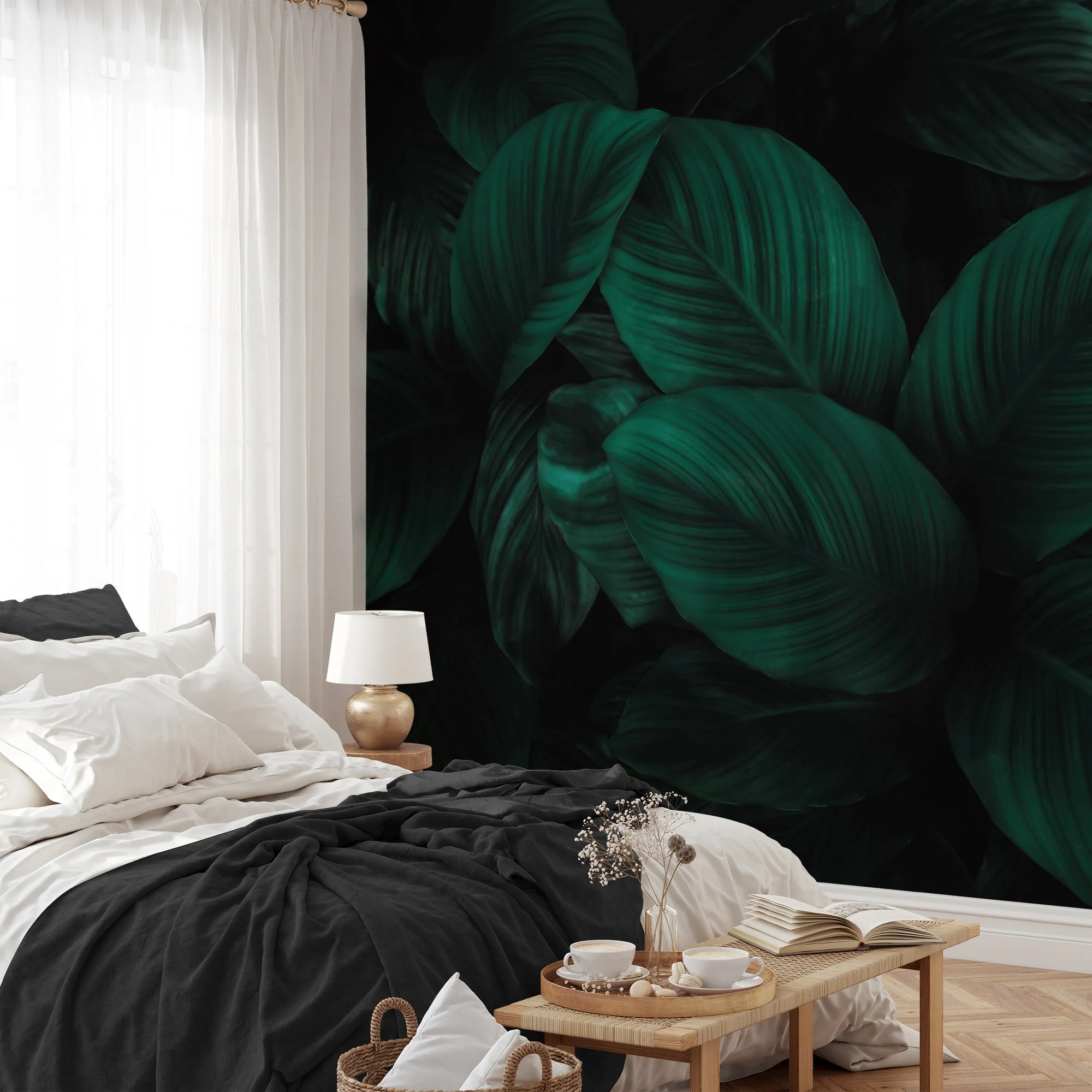 Dark Tropical Cannifolium Leaves Wallpaper, Deep Botanical Peel & Stick Wall Mural