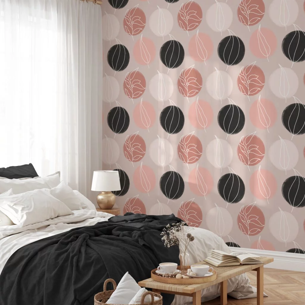 White Line Art Leaves On Circles Design Illustration Wallpaper, Minimalist Leaf and Circle Peel & Stick Wall Mural