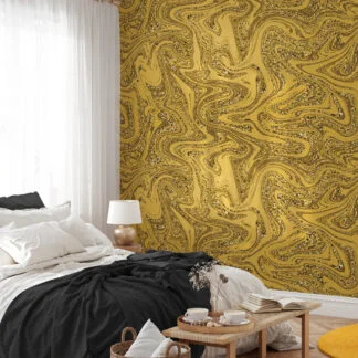 Sparkly Gold Yellow Marble Illustration Wallpaper, Abstract Liquid Gold Swirl Peel & Stick Wall Mural