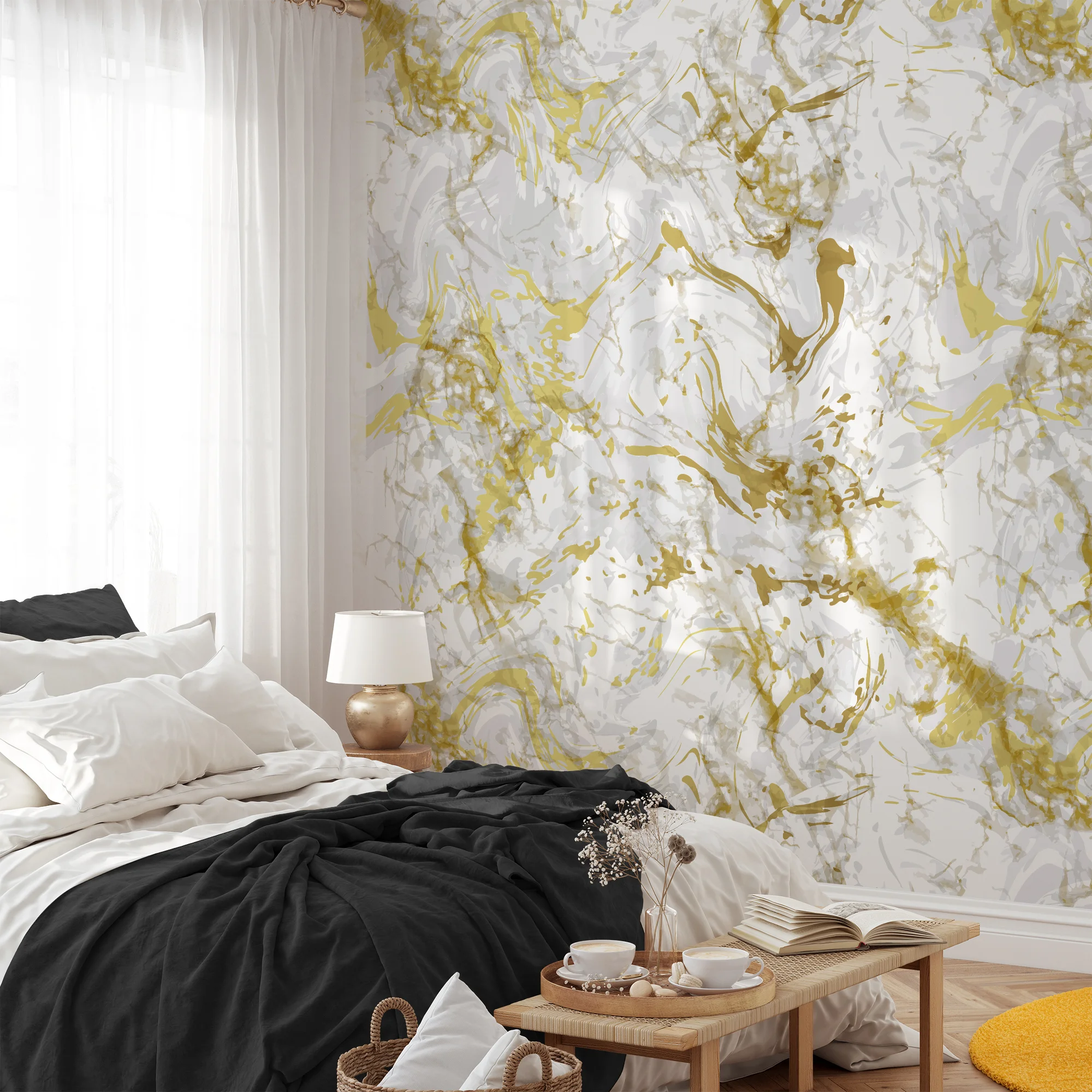 Abstract White And Gold Marble Illustration Wallpaper, Gold Splatter On White Peel & Stick Wall Mural