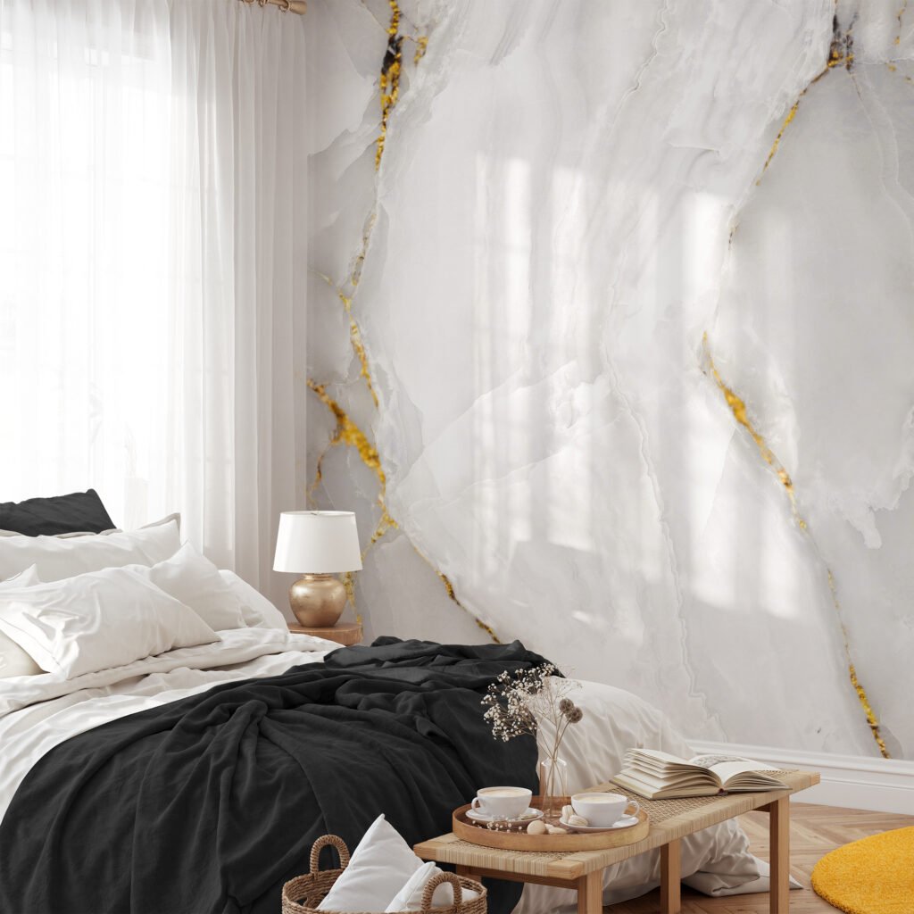 Marble Stone Texture With Golden Highlights Wallpaper, Pristine White Marble Peel & Stick Wall Mural