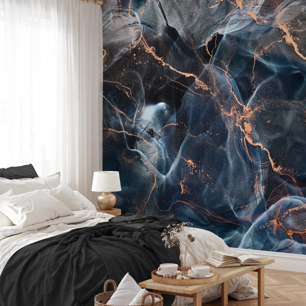 Negative Photo Effect Black And Blue Alcohol Ink Art Marble Wallpaper, Midnight Majesty Design Peel & Stick Wall Mural