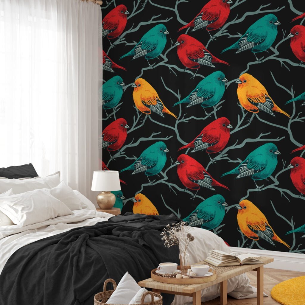 Retro Birds Pattern Wallpaper, Songbirds On Black Background Peel & Stick Wall Mural
