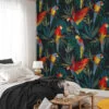 Flat Art Parrots In A Dark Jungle Illustration Wallpaper, Vibrant Parrot Haven Peel & Stick Wall Mural