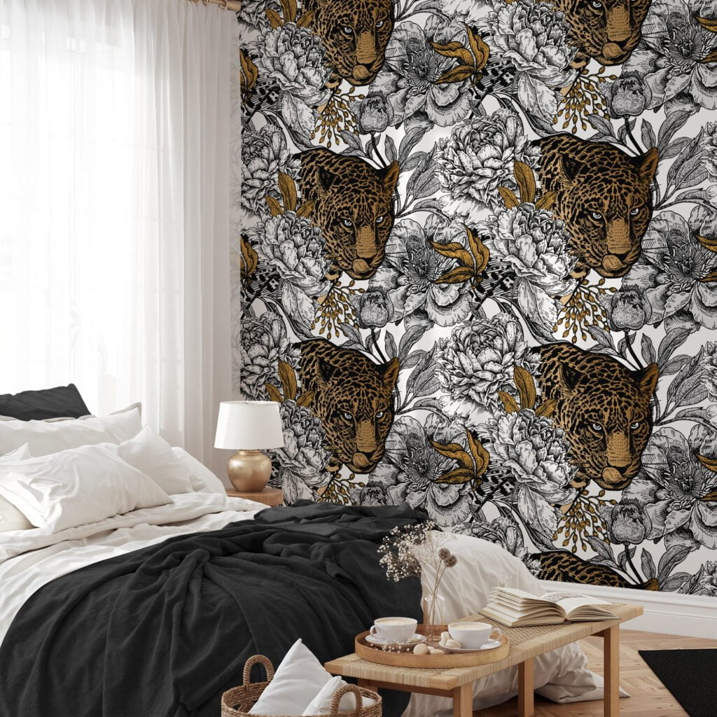 Floral Line Art With A Large Tiger Illustration Wallpaper, Monochrome Leopard & Floral Print Peel & Stick Wall Mural
