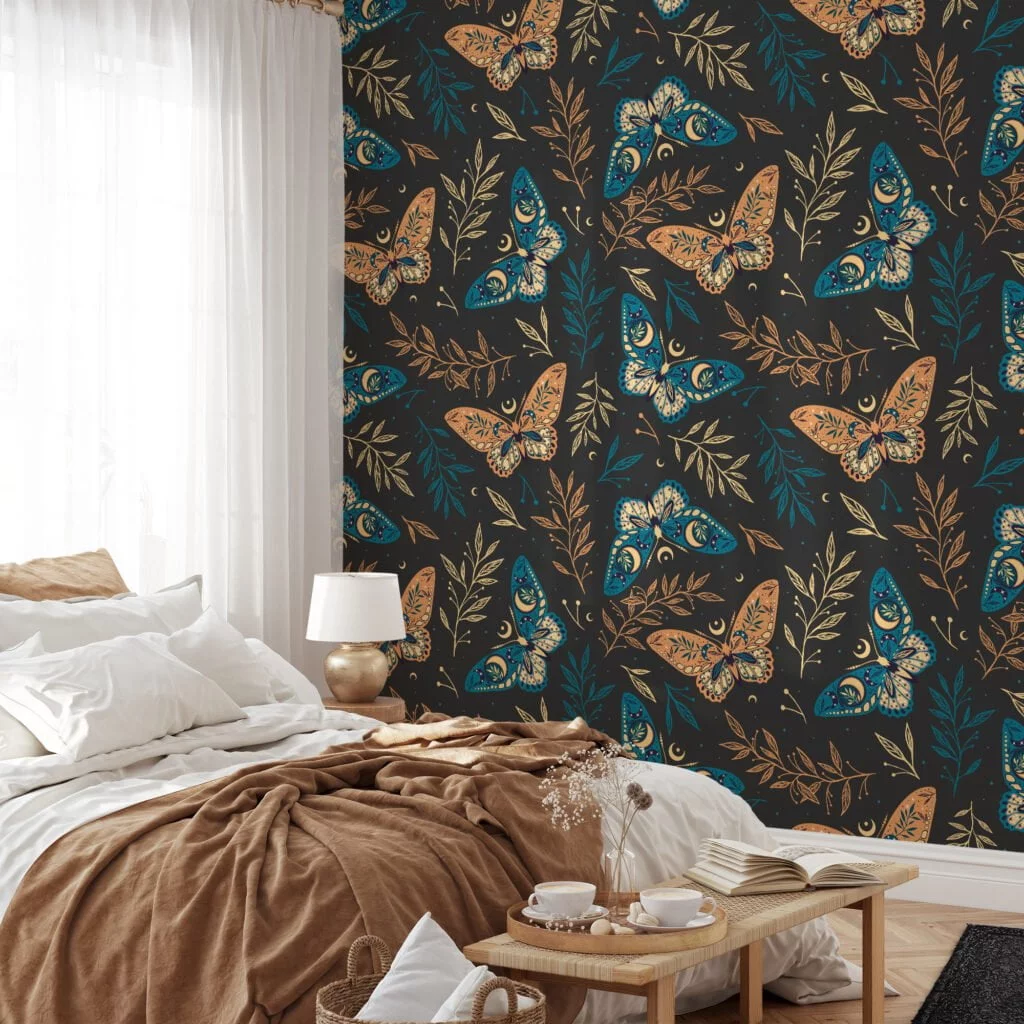 Mystic Floral Butterflies Flat Art Illustration Wallpaper, Enchanted Butterfly Garden Peel & Stick Wall Mural