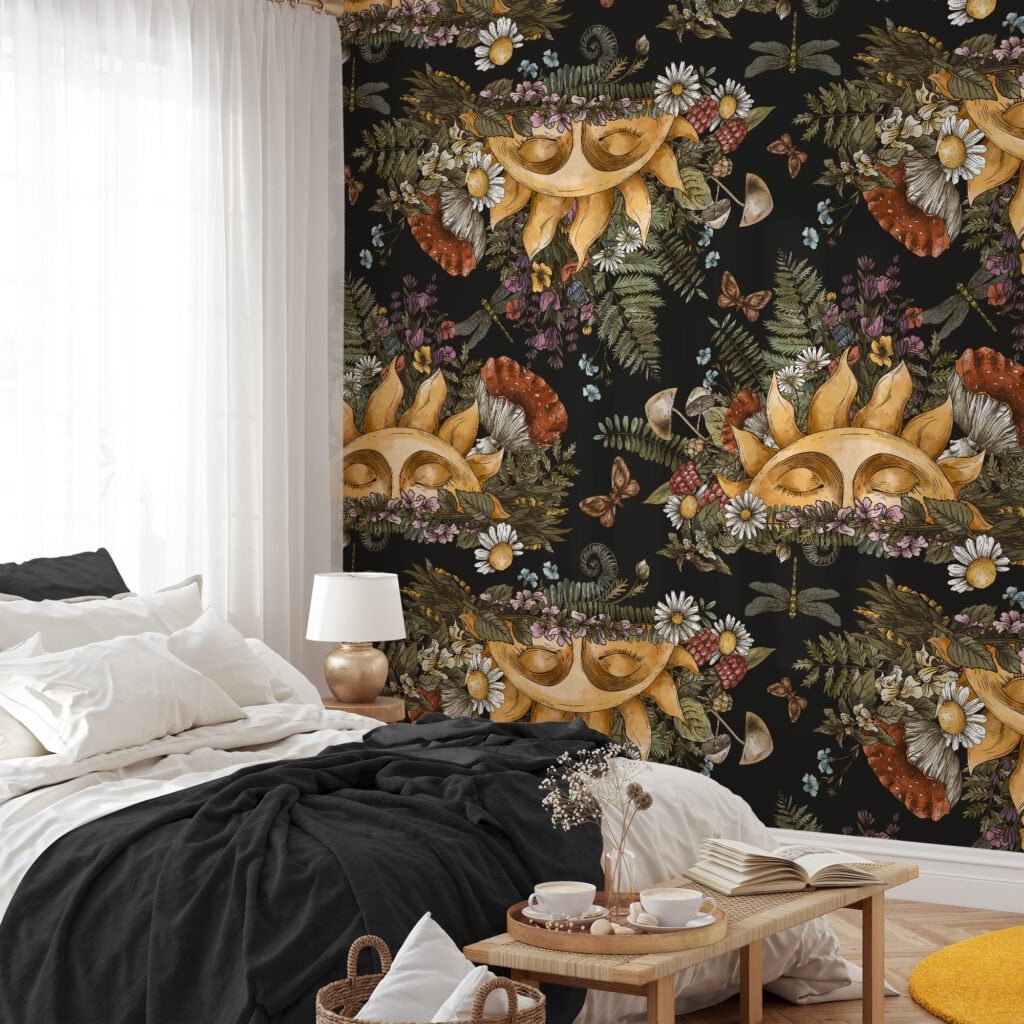 Floral Mystical Sun With Face On A Dark Background, Woodland Creatures & Florals Peel & Stick Wall Mural