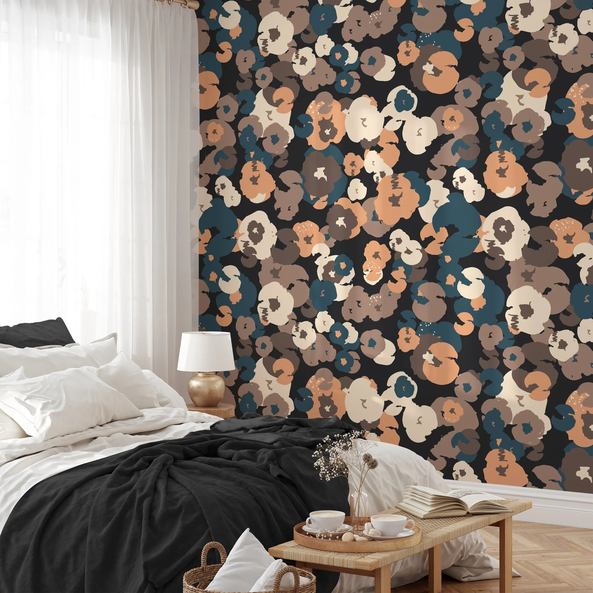 Abstract Floral Shaped Design Wallpaper, Chic Navy & Earth Tones Peel & Stick Wall Mural
