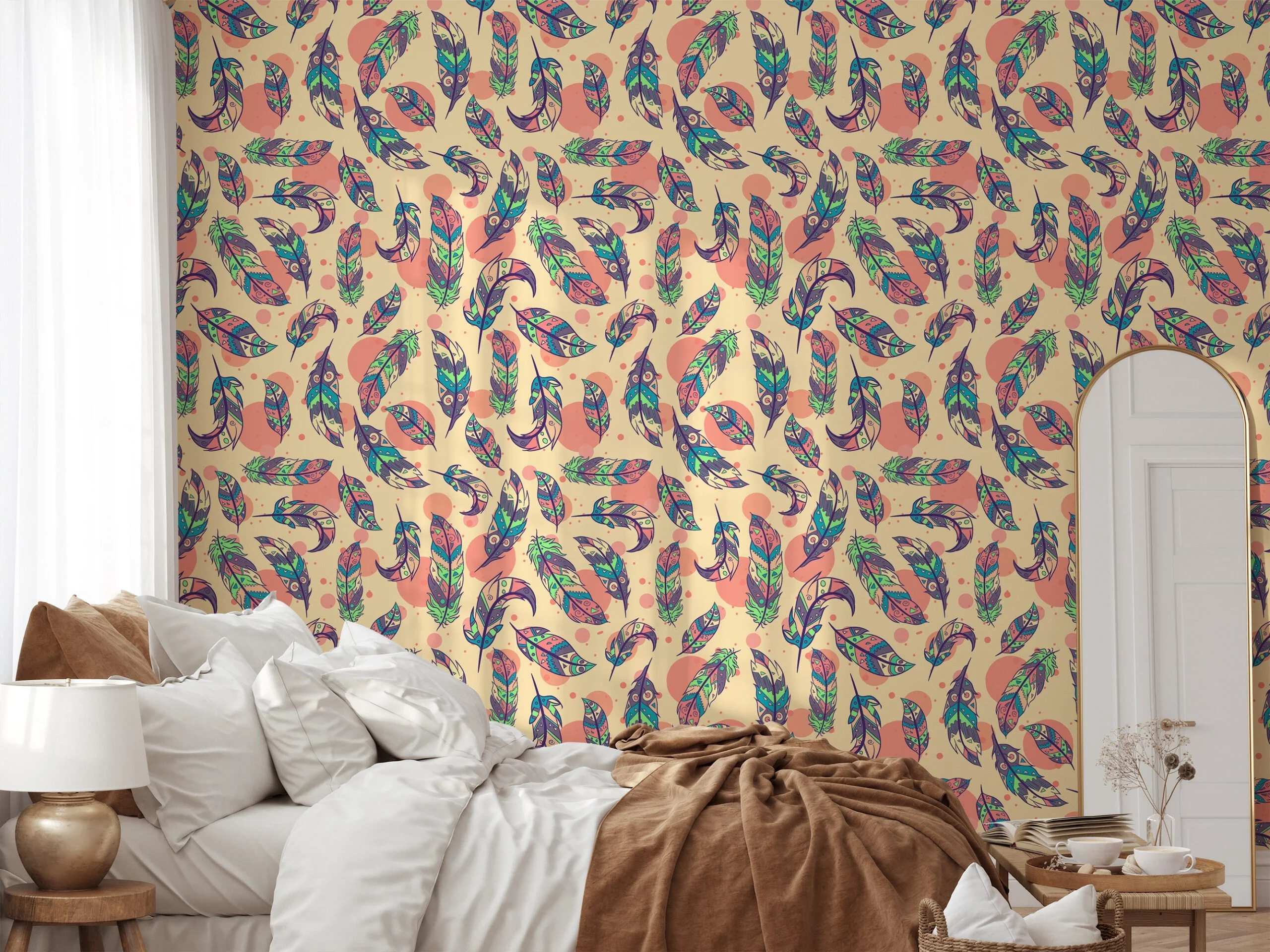 Colorful Cartoon Style Feathers Pattern Illustration Wallpaper, Bohemian Feather Design Peel & Stick Wall Mural