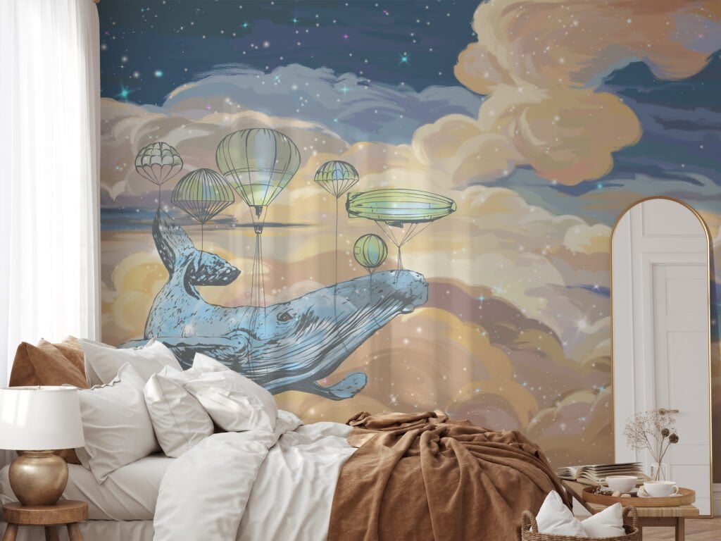 Large Mystical Whale In The Clouds With Hot Air Balloons Illustration Wallpaper, Dreamy Starry Kids Peel & Stick Wall Mural
