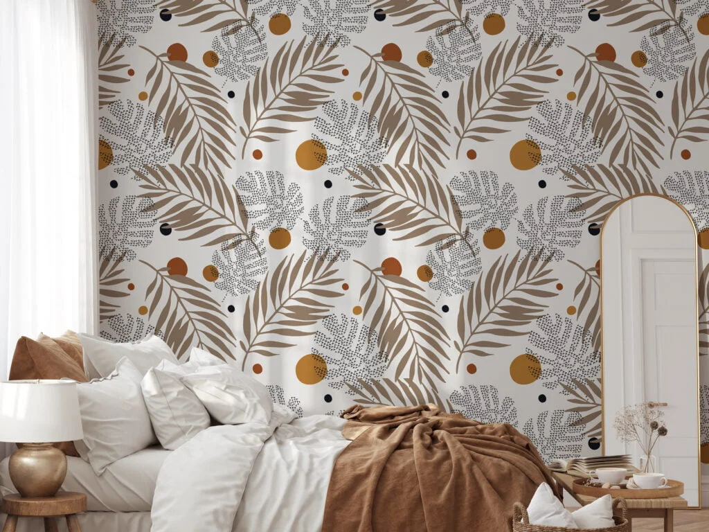 Abstract Earthy Tones Leaves Illustration Wallpaper, Modern Botanical Peel & Stick Wall Mural