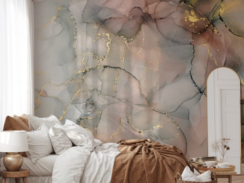Muted Sage Green And Peach Gold Alcohol Ink Art Marble Wallpaper, Luxe Gold Marble Peel & Stick Wall Mural