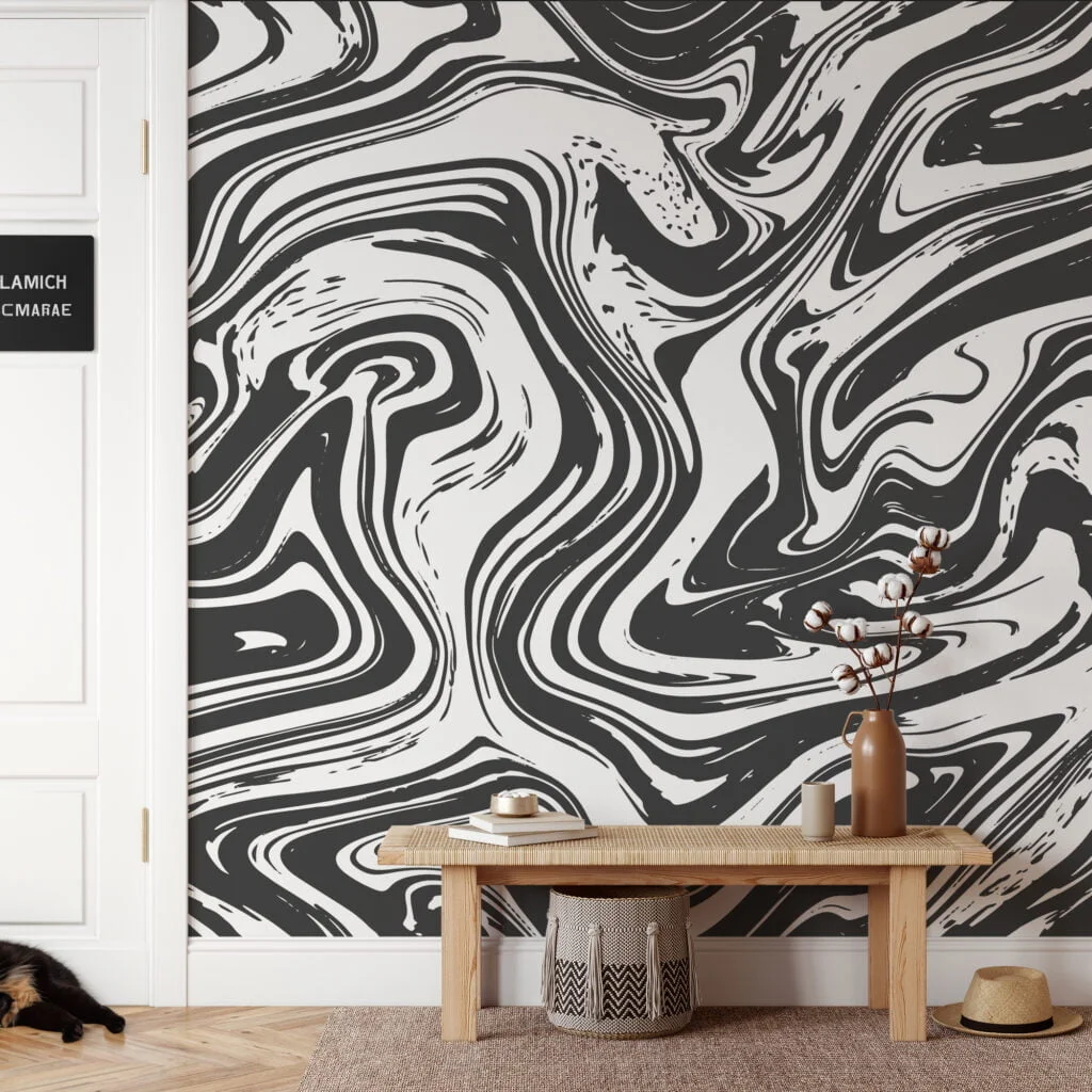 Dark Grey And White Swirl Design Wallpaper, Monochrome Marble Swirl Peel & Stick Wall Mural