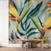 Tropical Minty Birds Of Paradise Flowers Wallpaper, Abstract Tropical Leaves Peel & Stick Wall Mural