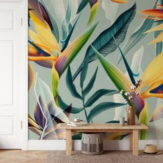 Tropical Minty Birds Of Paradise Flowers Wallpaper, Abstract Tropical Leaves Peel & Stick Wall Mural