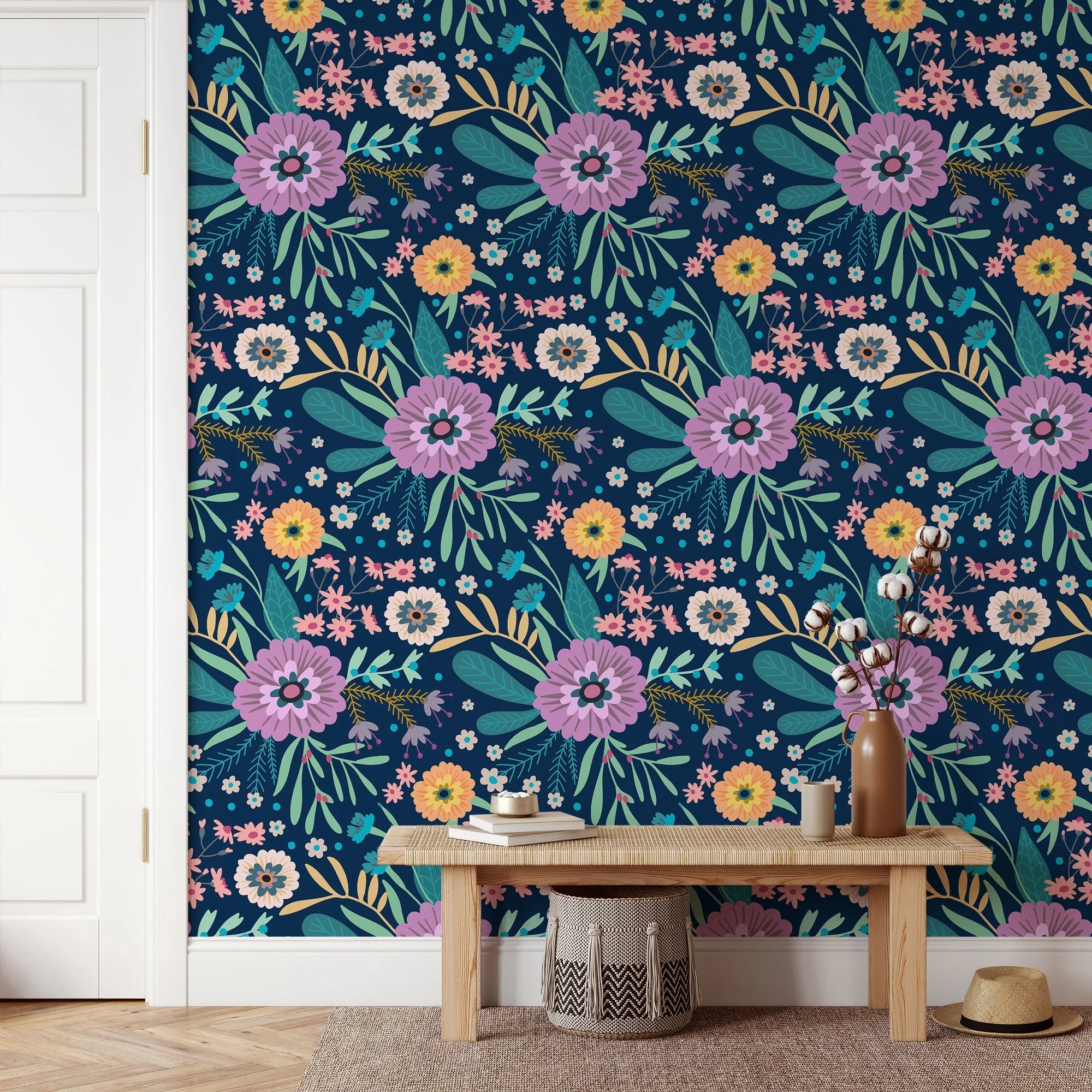 Floral Folk Art Flowers With A Dark Background Wallpaper, Enchanted Navy Garden Peel & Stick Wall Mural