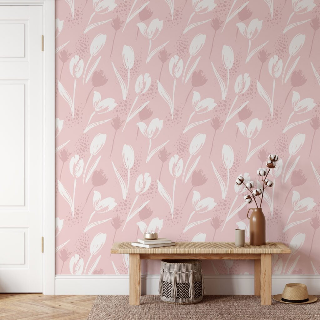 Pastel Tulips Illustration Wallpaper, Delicate Floral Elegant Peel & Stick Wall Mural