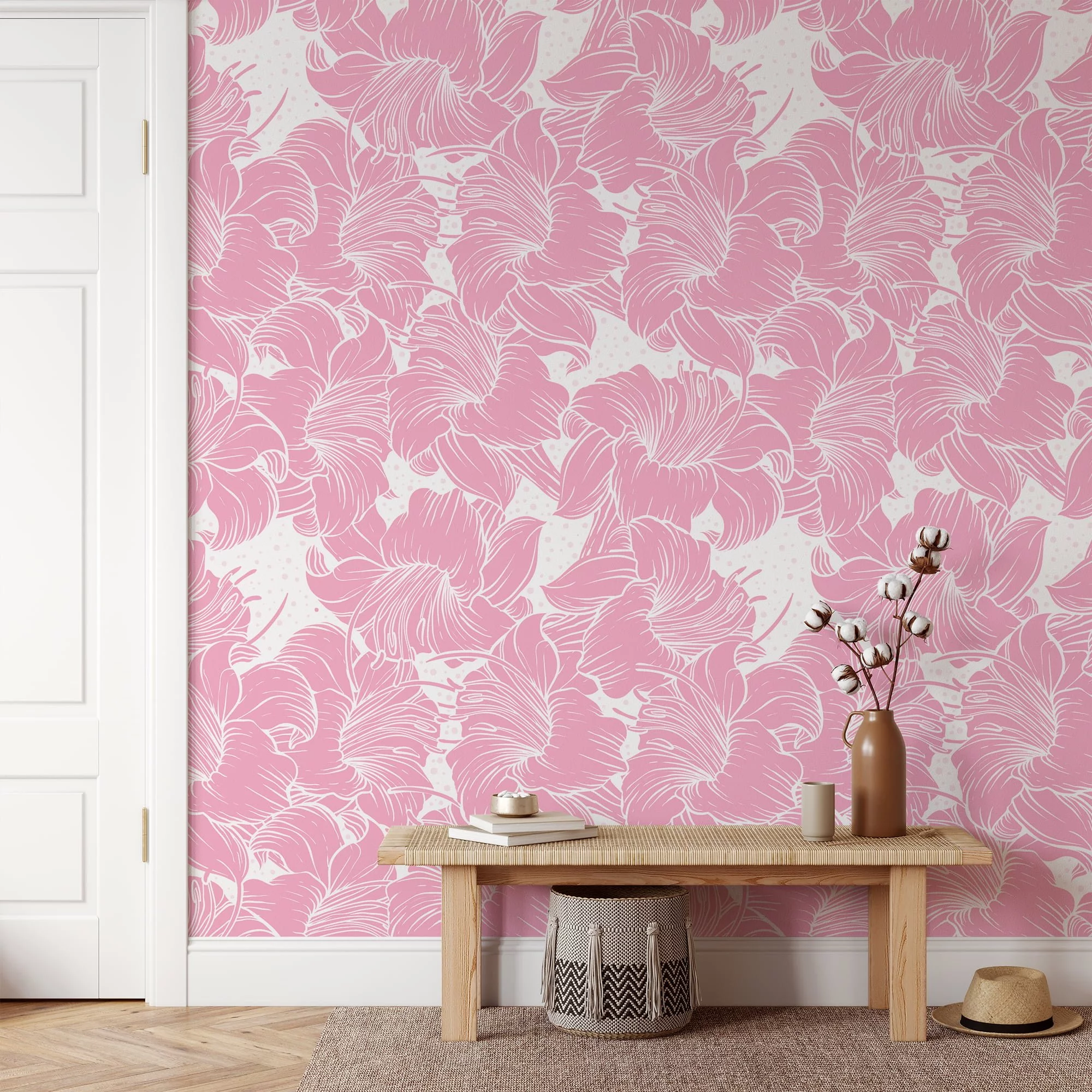 Large Pastel Pink Abstract Flowers Illustration Wallpaper, Elegant Soft Floral Peel & Stick Wall Mural