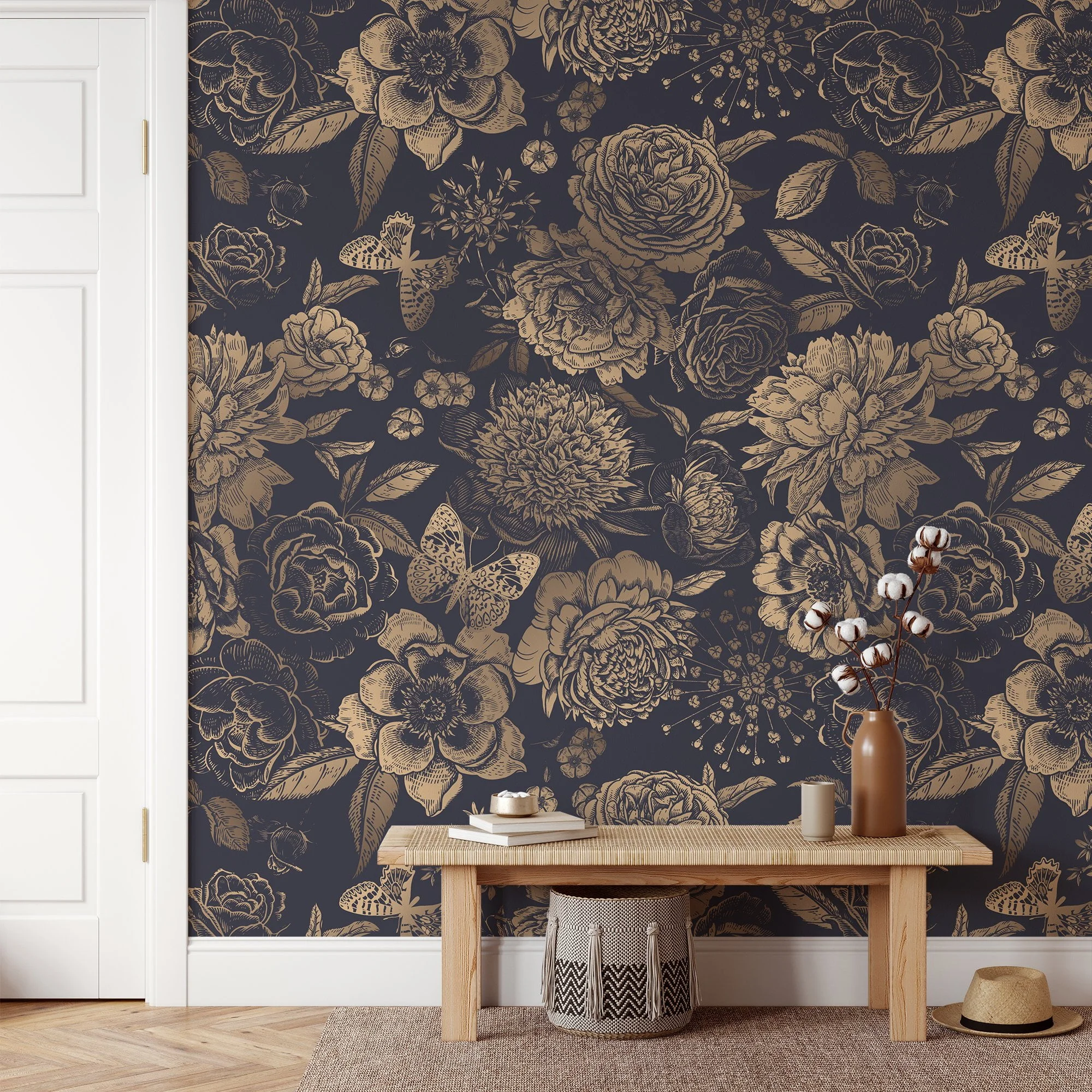 Vintage Style Large Flowers With Butterflies On A Dark Background Wallpaper, Luxurious Gold Floral Peel & Stick Wall Mural