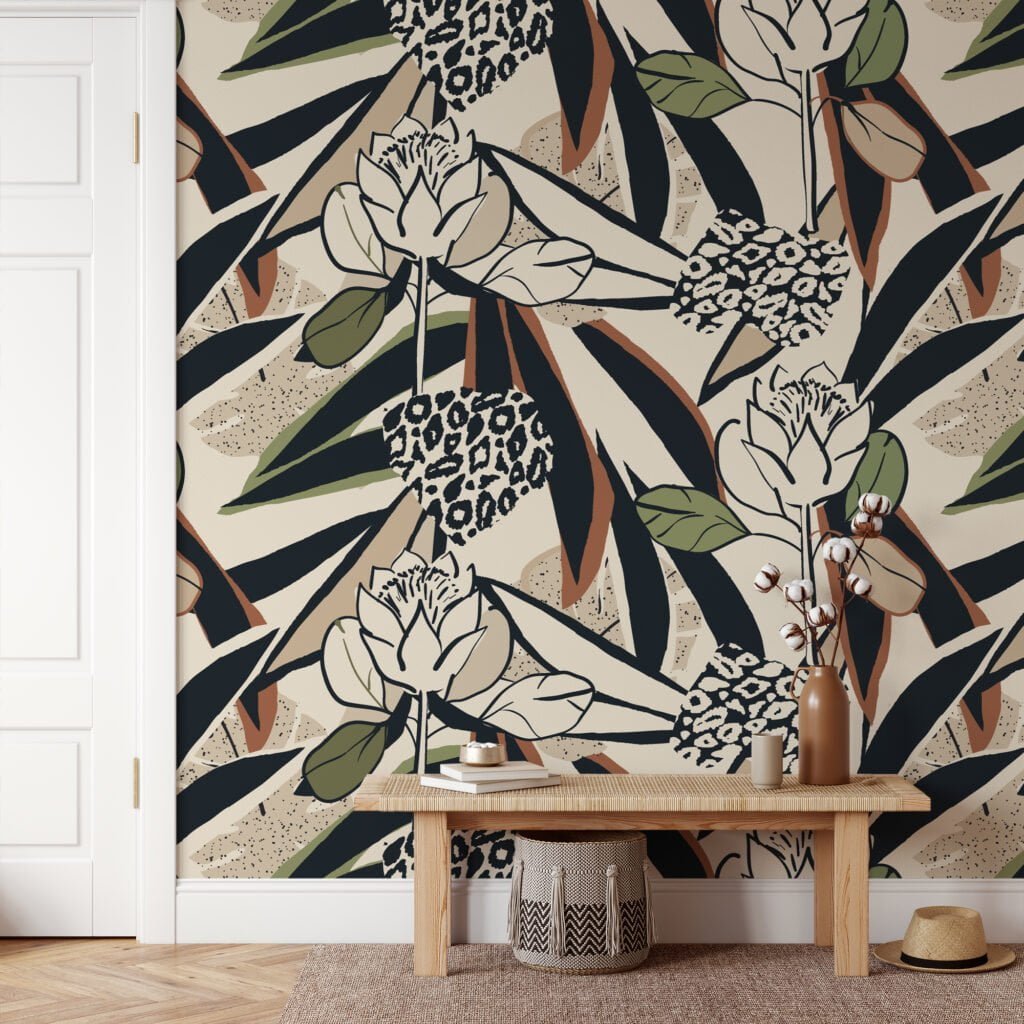 Abstract Flower Design Illustration Wallpaper, Bold Floral Stripes Peel & Stick Wall Mural