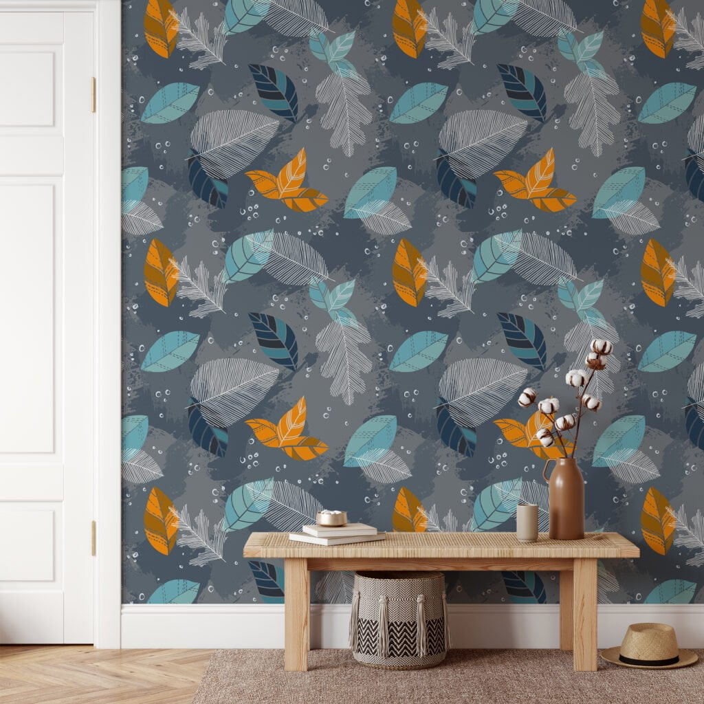 Abstract Blue And Orange Leaves Illustration Wallpaper, Whimsical Cool Autumn Peel & Stick Wall Mural