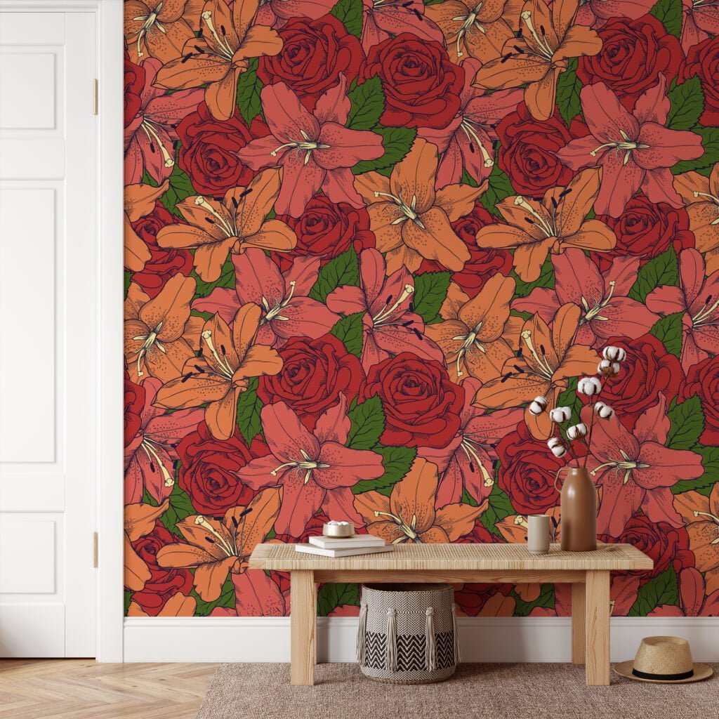 Colorful Retro Outlined Red Roses And Flowers Illustration Wallpaper, Lush Rose and Lily Bloom Peel & Stick Wall Mural