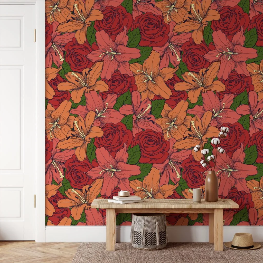 Colorful Retro Outlined Red Roses And Flowers Illustration Wallpaper, Lush Rose and Lily Bloom Peel & Stick Wall Mural