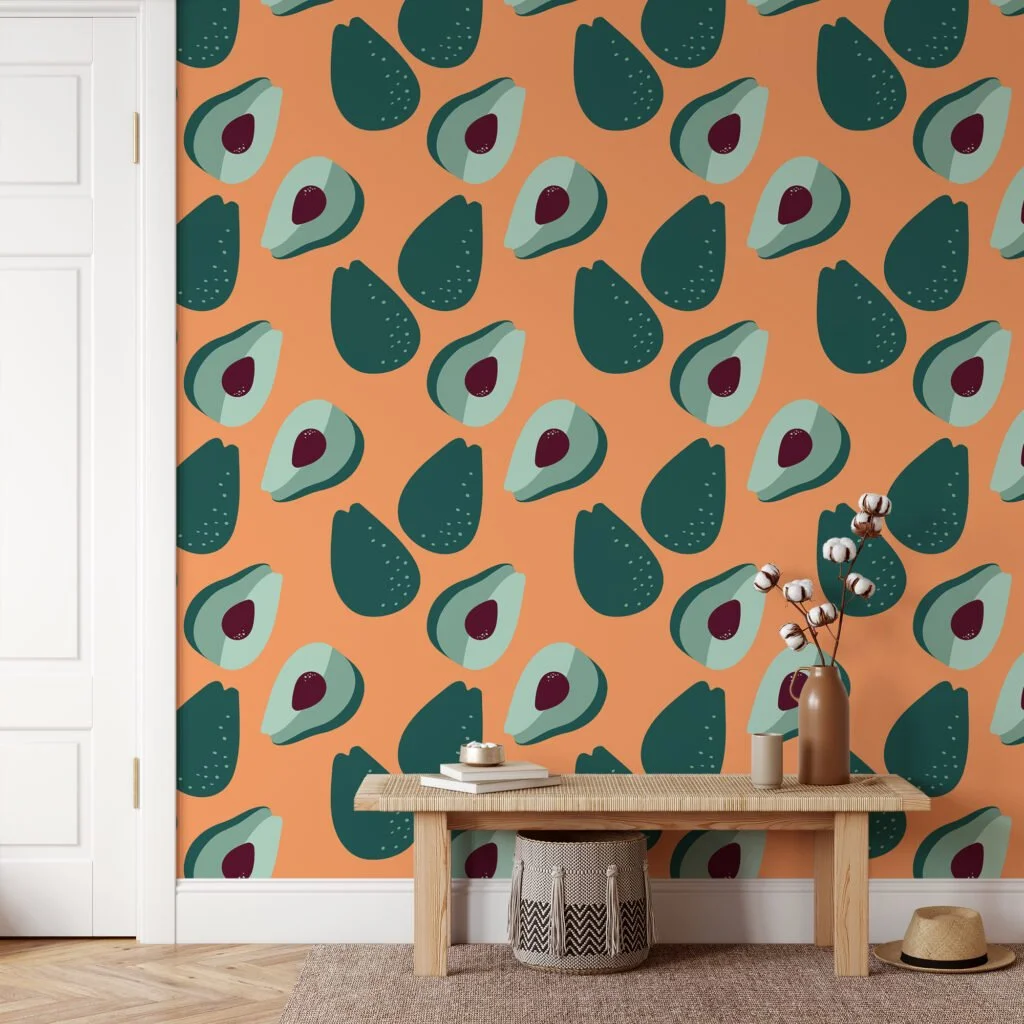 Flat Art Simple Avocado Fruits Pattern Wallpaper, Contemporary Kitchen Chic Peel & Stick Wall Mural