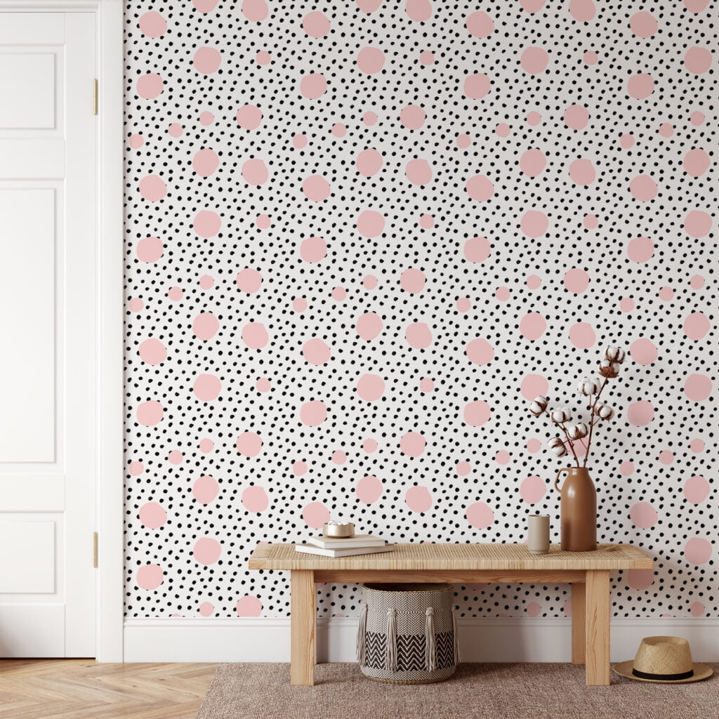 Polka Dots Illustration Wallpaper, Polka Dots & Pink Spheres Peel & Stick Wall Mural