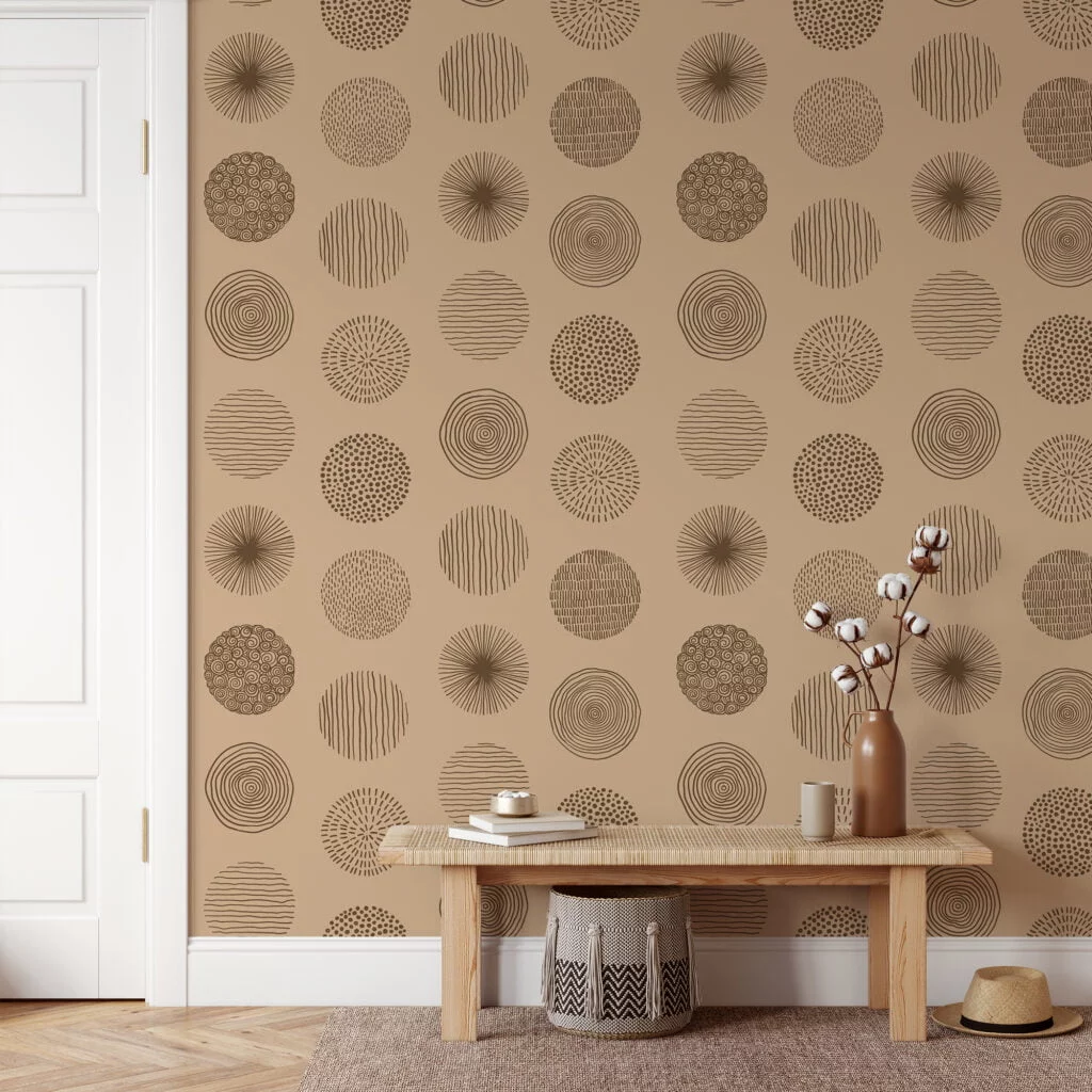 Brown Circles Pattern Illustration Wallpaper, Earthy Tones Abstract Circles Peel & Stick Wall Mural