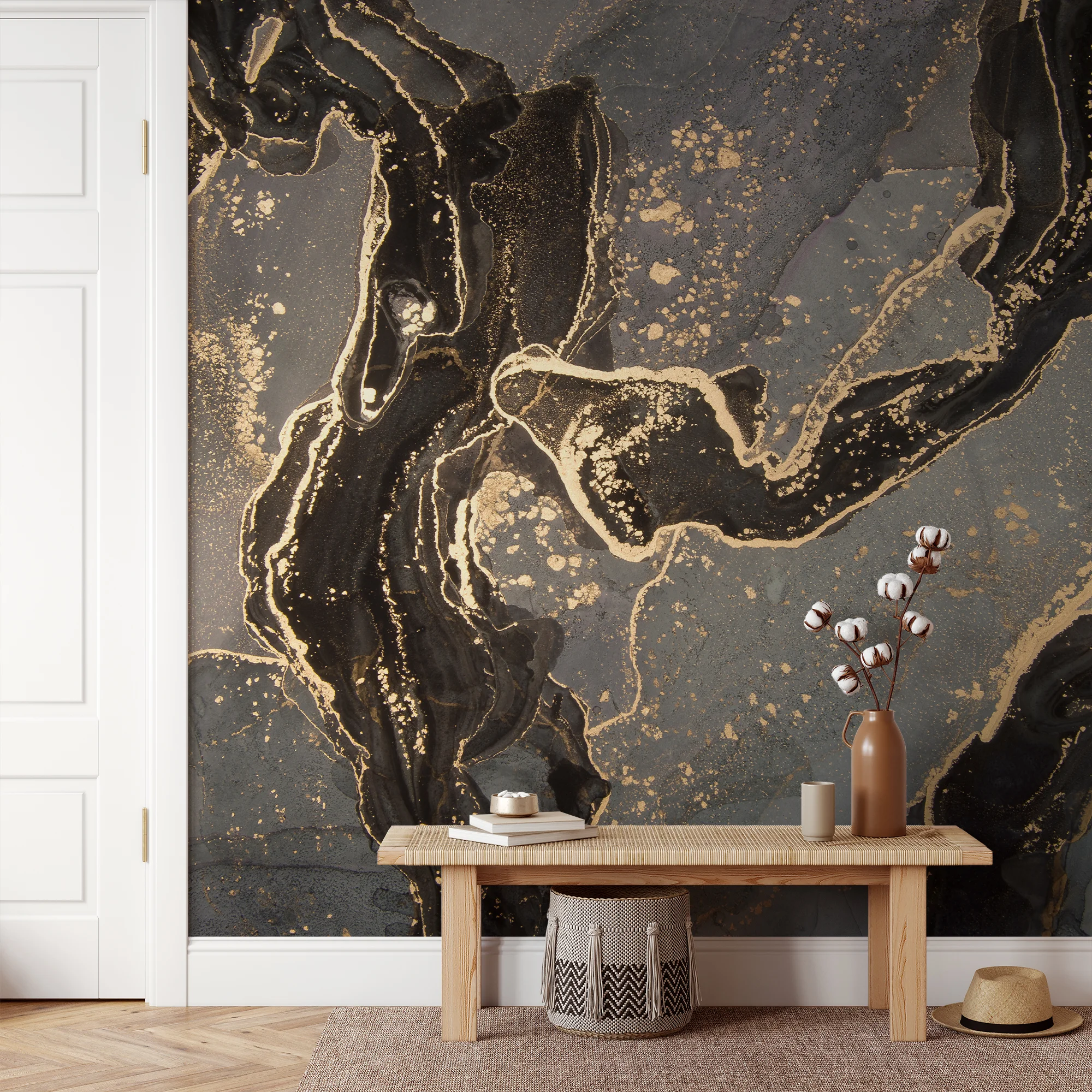 Dark Brown And Grey Marble Ink Art Wallpaper, Dramatic Marble Peel & Stick Wall Mural