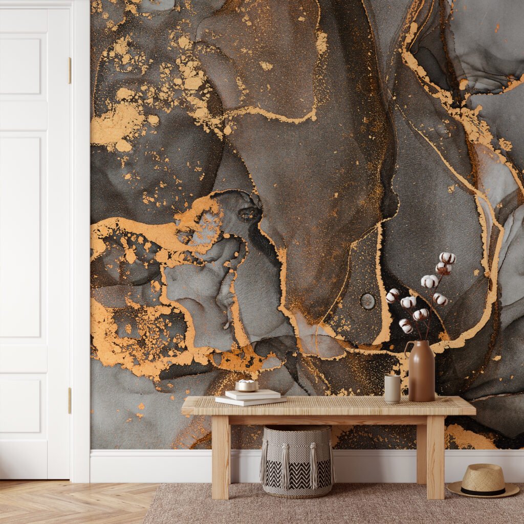 Brown And Grey Gold Alcohol Ink Art Marble Wallpaper, Abstract Onyx Marble Peel & Stick Wall Mural